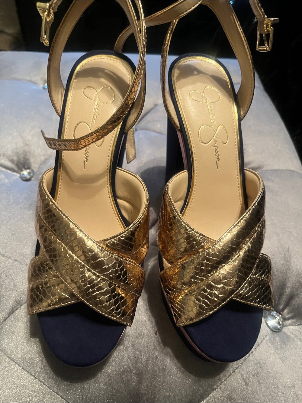 Jessica Simpson Metallic Gold Crisscross Ankle Strap Heels with Navy Footbed